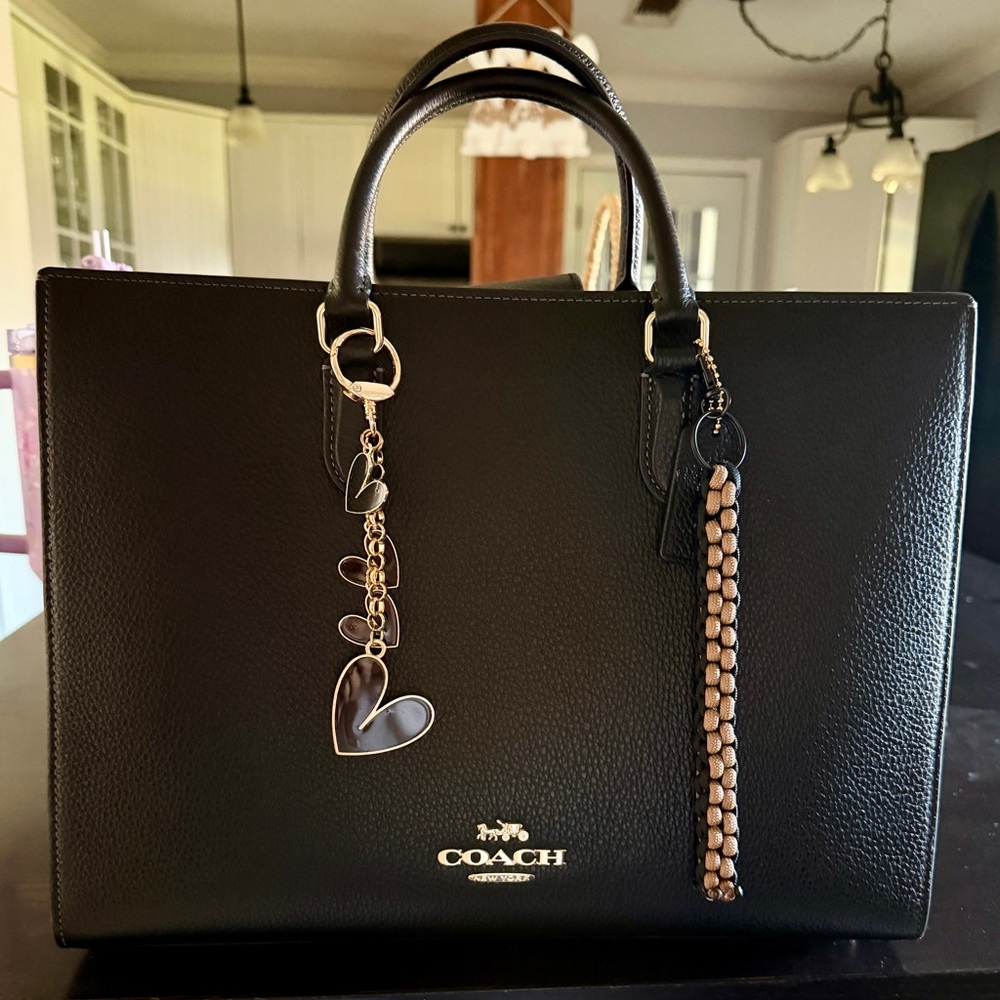 Coach Black Leather Top-Handle Satchel with Heart Charm